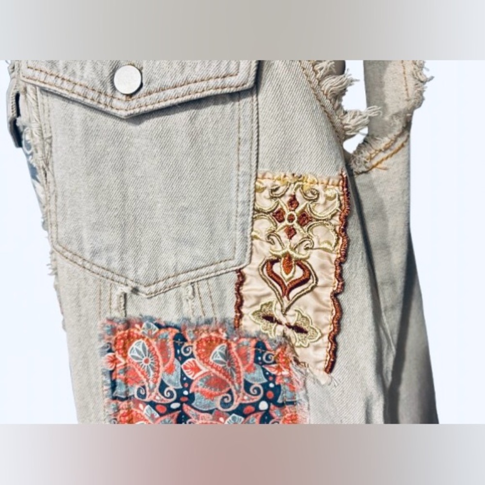 100% Cotton POL Patchwork Denim Dress Vest Boho Floral Embroidered Boho Cottage - Picture 10 of 16